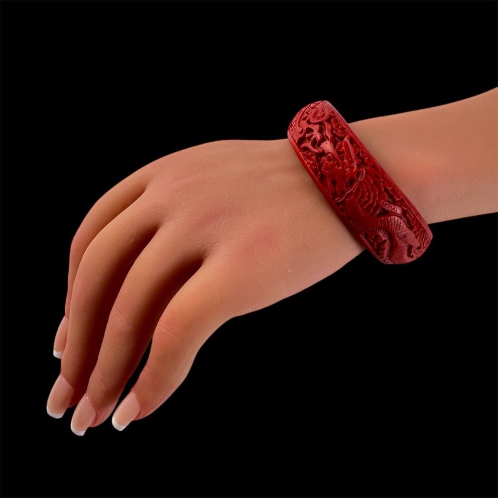 Chinese Dragon Phoenix Red Faux Cinnabar Bangle Bracelet